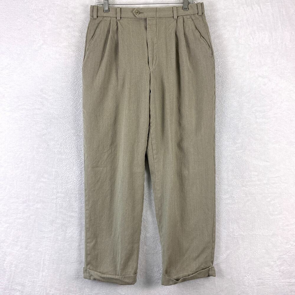 VTG Bachrach Pants Mens 32 (30) Beige Pleated Cuffed Wool Preppy Classic Luxury